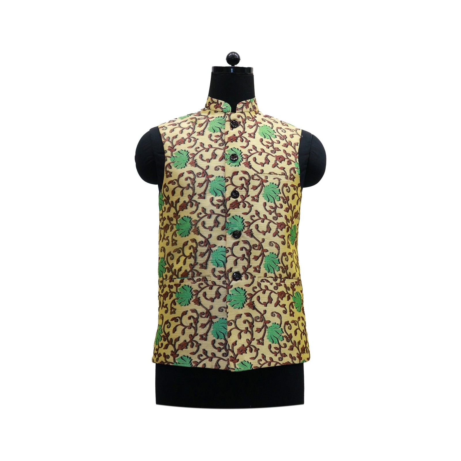 Handmade vintage floral Nehru jacket in gold with green and brown pattern, displayed on a mannequin.