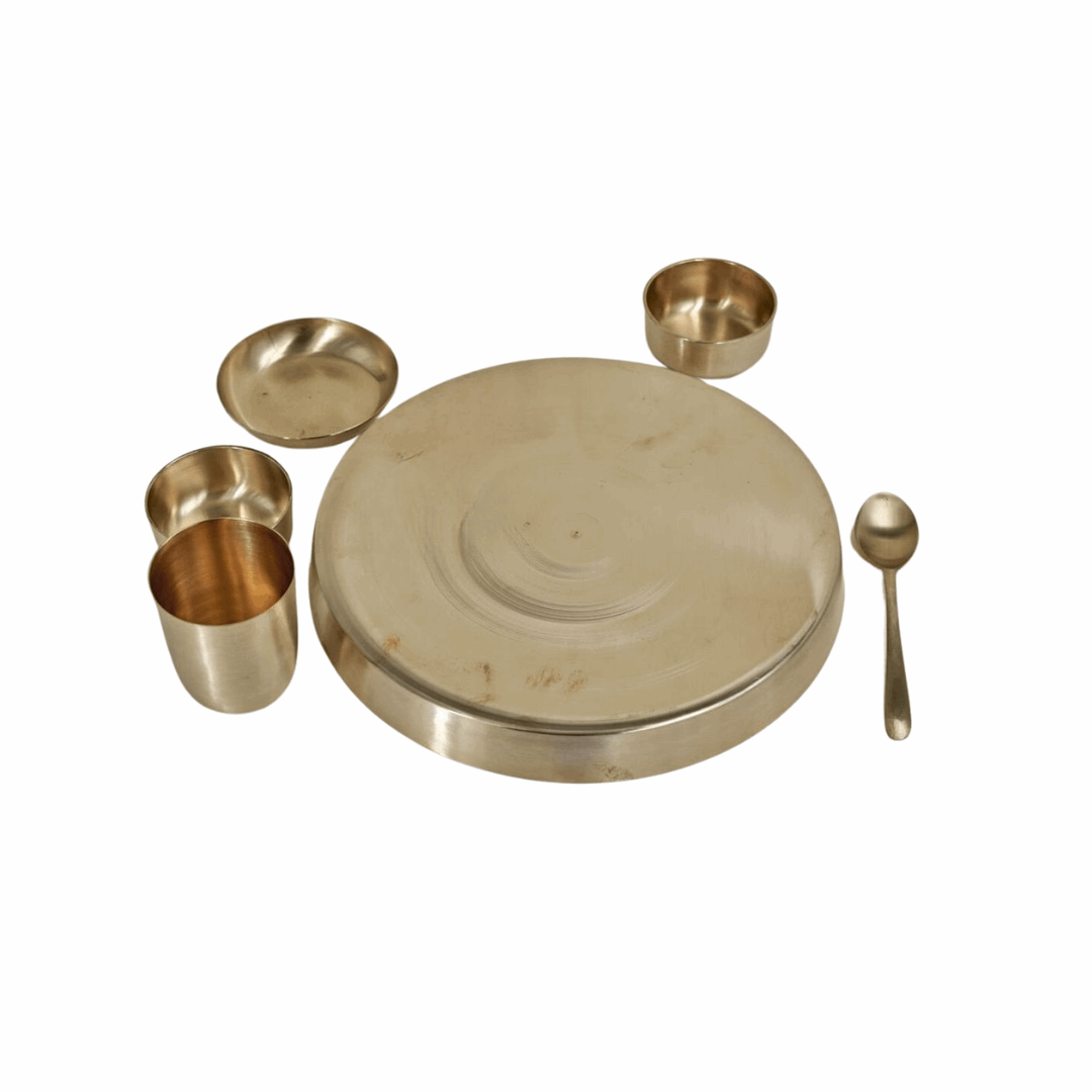 Bronze Dinner Set (6 Pcs) | Handcrafted Bronze Dinnerware - 12 Inch Plate, Glass, Spoon, and 3 Bowls