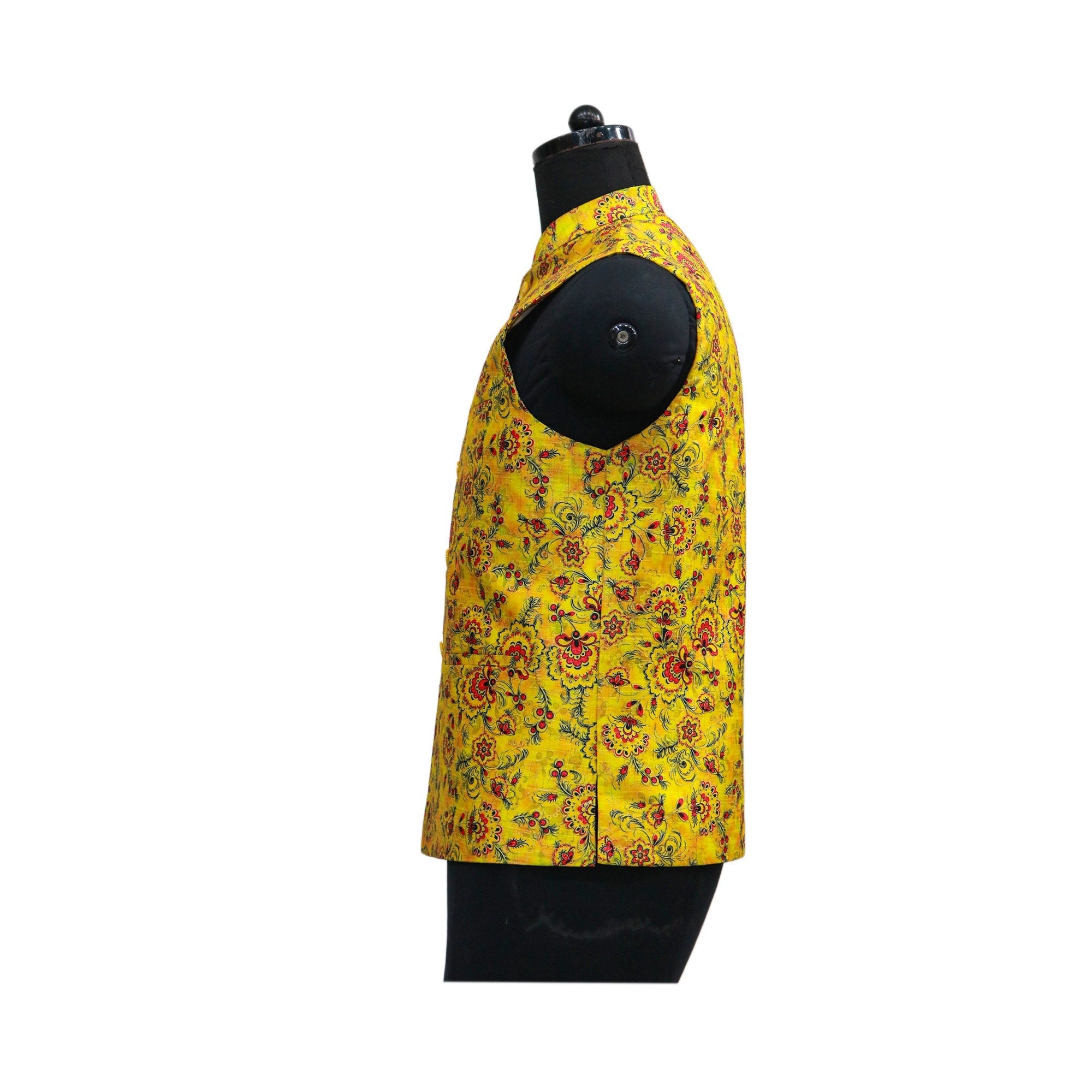 Yellow floral Nehru jacket, side view. Handmade vintage style Indian jacket, perfect for parties or special events.