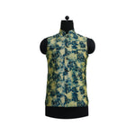 Handmade Nehru jacket in a yellow and blue floral pattern, displayed on a mannequin. Perfect for parties or as a unique gift.