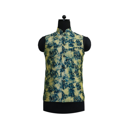 Aqua Digital Print Nehru Jacket with Front Pockets | Modern Sleeveless Vest for Festive and Casual Wear