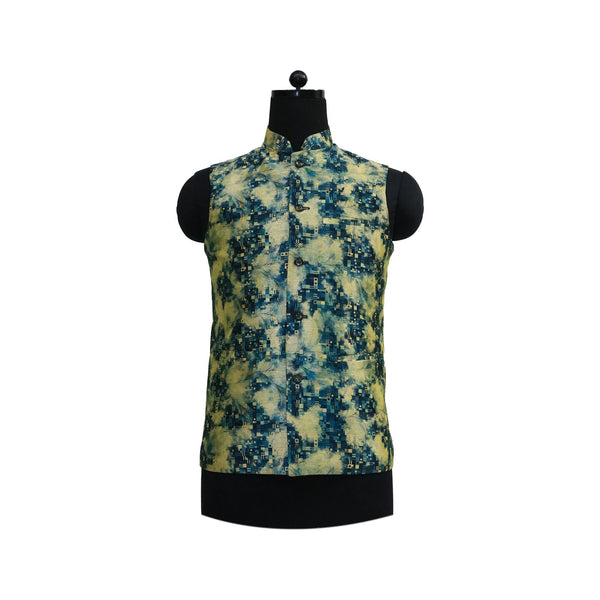 Aqua Digital Print Nehru Jacket with Front Pockets | Modern Sleeveless Vest for Festive and Casual Wear