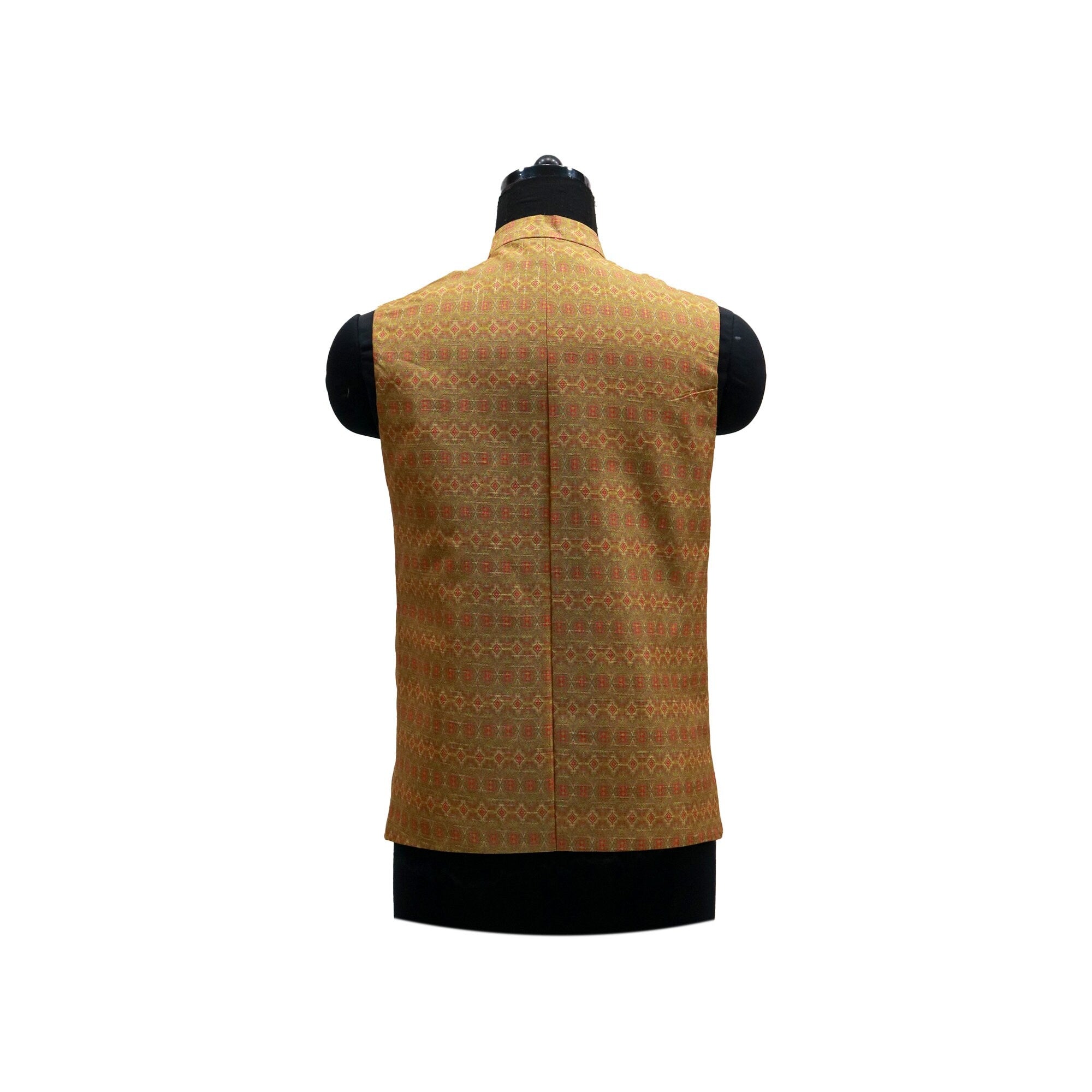 Handmade vintage floral Nehru jacket, back view. Gold and red pattern on a men's ethnic wear vest, perfect for parties or themed events.