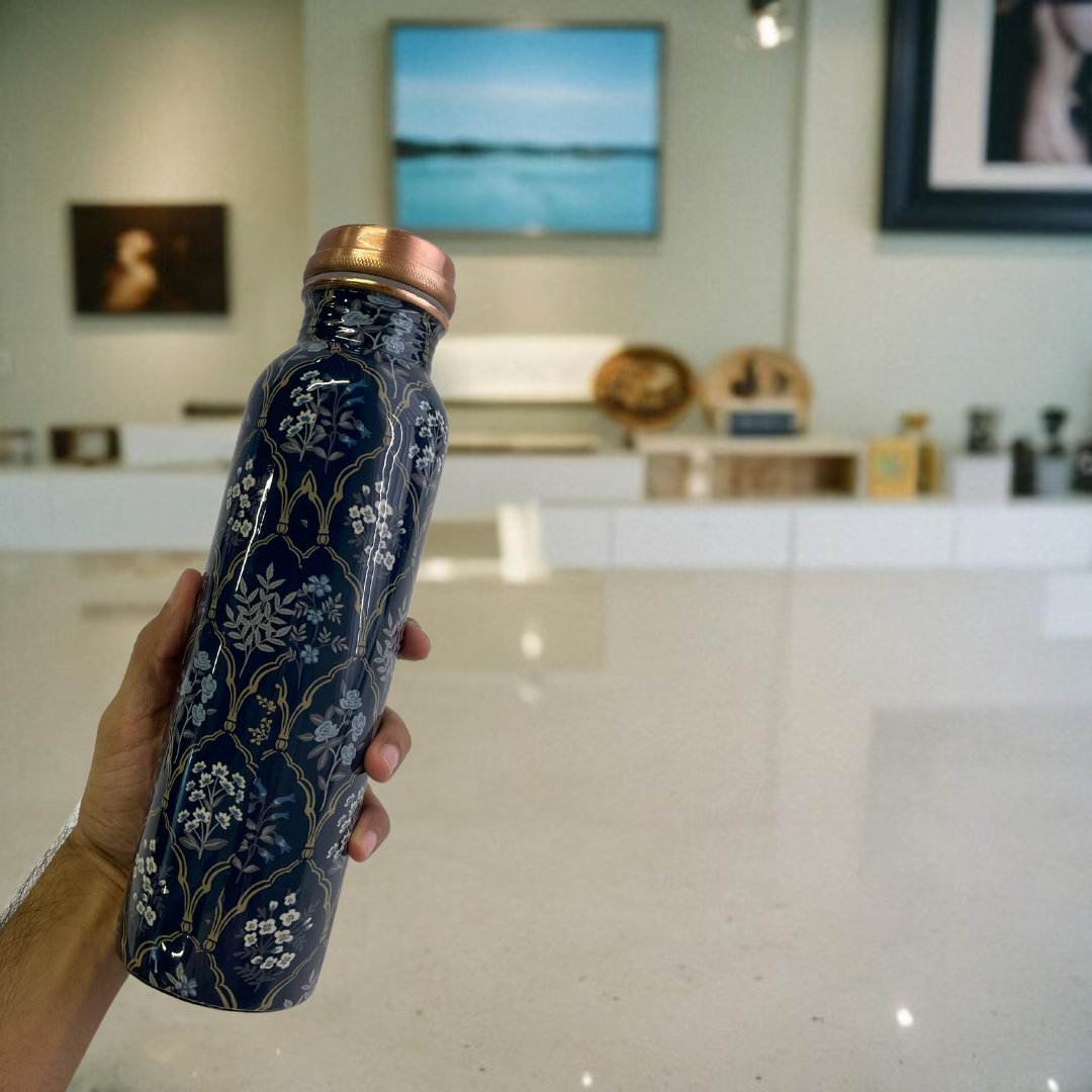 Floral Print Pure Copper Water Bottle | 1L Bottle for Office, Home and Travel (Blue)