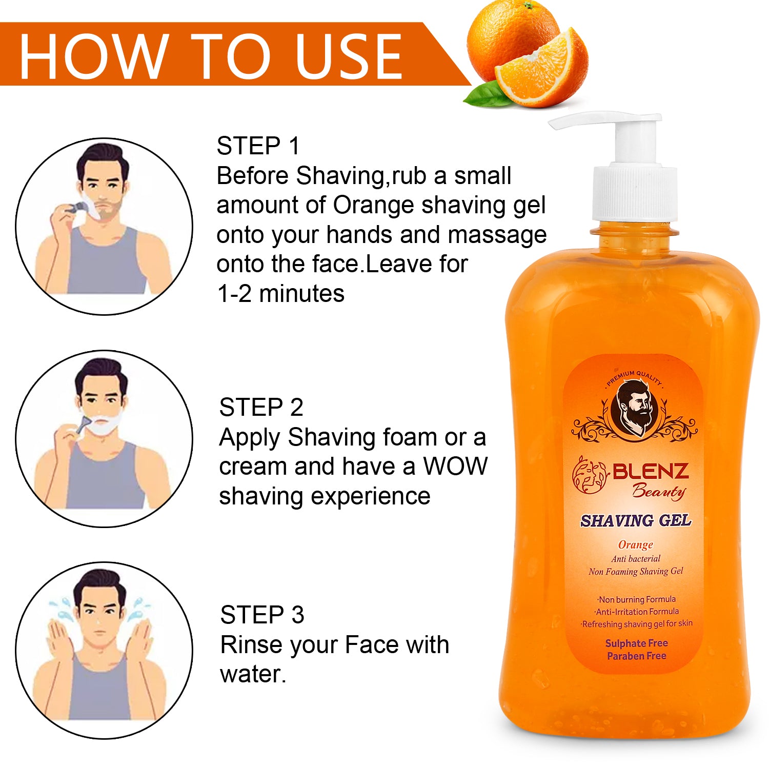 Orange Shaving Gel for Men, Non-Foaming & Refreshing Formula, Soothing Grooming Gel, Sulphate and Paraben Free (1L)