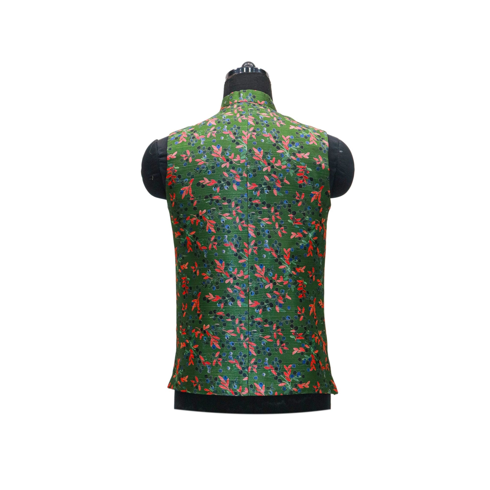 Green floral Nehru jacket with mandarin collar, showcasing Indian ethnic party wear for men on a mannequin.