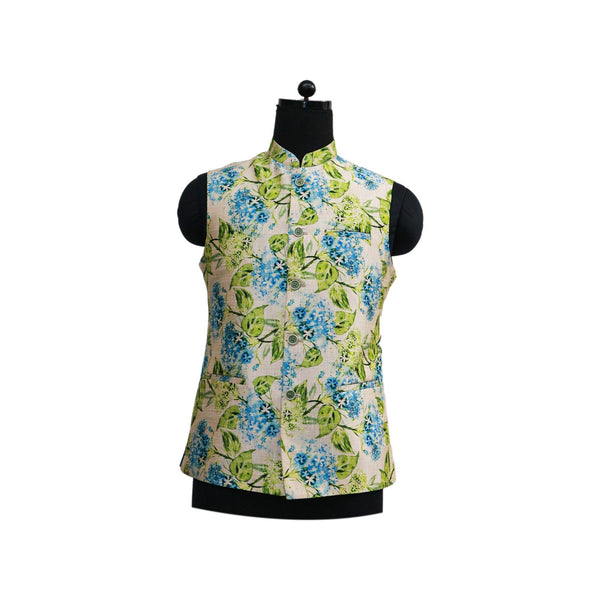 Ivory Nehru Jacket with Blue and Green Floral Print | Elegant Sleeveless Vest for Weddings & Festive Events