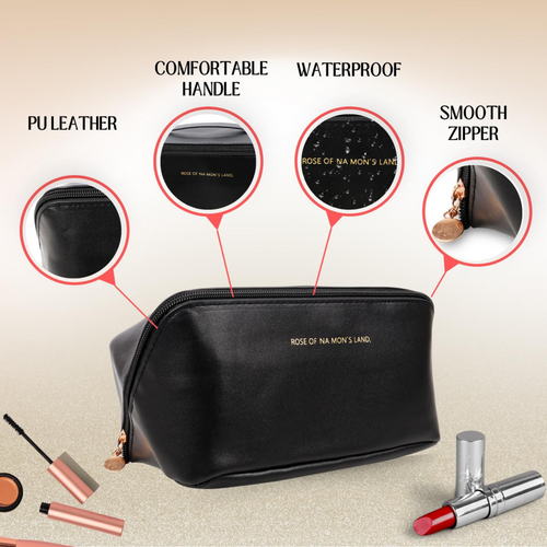 Premium PU Leather Cosmetic Bag with Waterproof Design | Travel-Friendly Makeup Pouch with Spacious Storage & Handle (Black, 10.5-Inch )