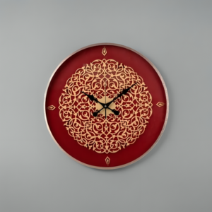 Maroon minimalist 18" wall clock with intricate gold pattern and black hands, suitable for home or office decor.