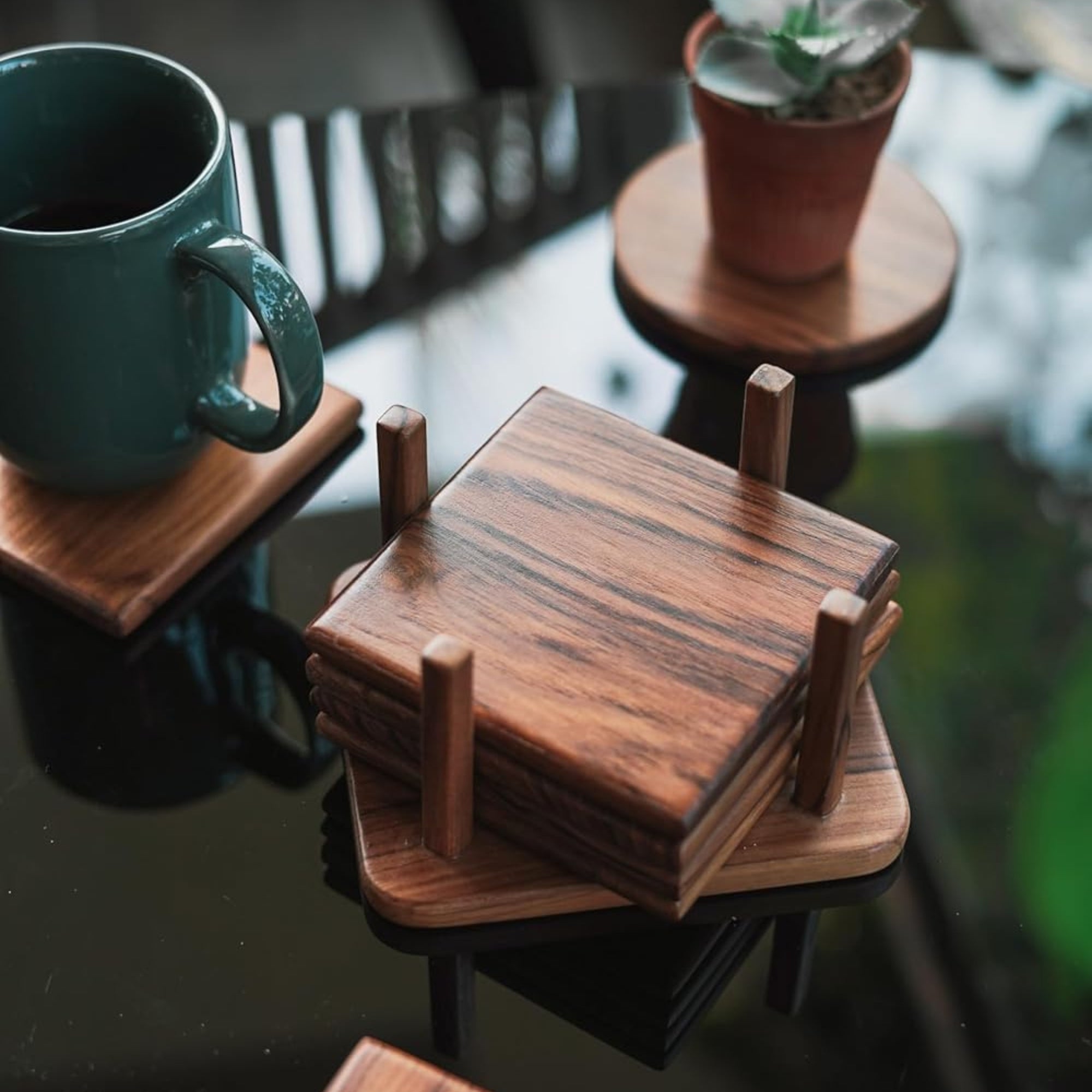 old trunk | Square Wooden Coasters (Set of 6 with 1 Coaster Stand) | Handcrafted | Premium Valsadi Teak Wood | Home and Kitchen Accessories | Dining Table Decorative (Brown, 4inch)