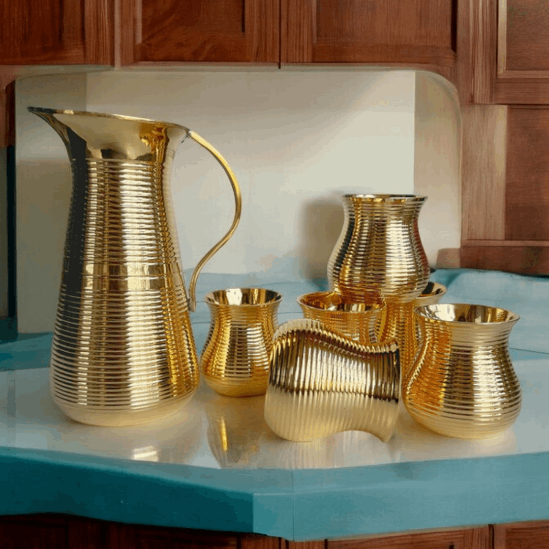 Brass Water Pitcher and Glasses Set | Handcrafted Golden Brass Drinkware Set | (Set of 7)