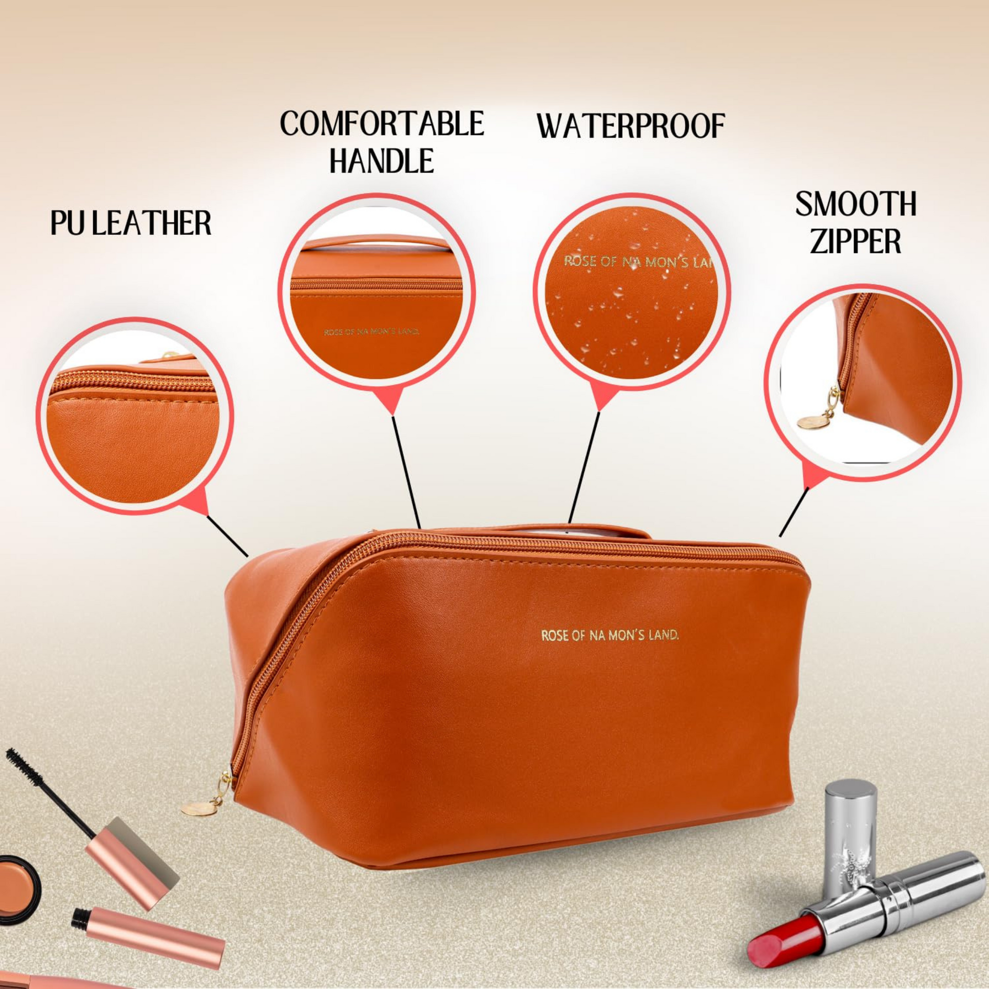 Premium PU Leather Cosmetic Bag with Waterproof Design | Travel-Friendly Makeup Pouch with Spacious Storage & Handle (Brown, 10.5-Inch)