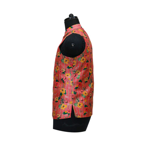 Pink Nehru Jacket with Yellow Floral Print | Stylish Sleeveless Vest for Weddings & Festive Events