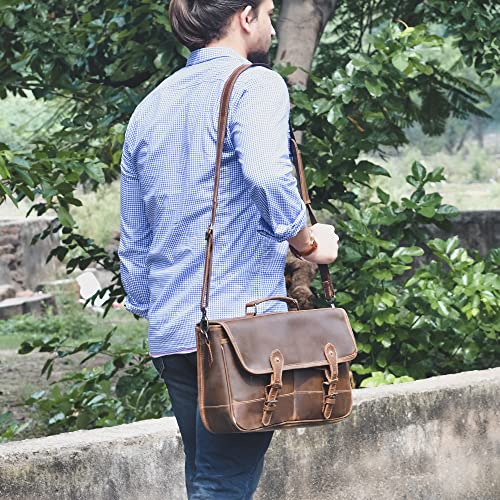 A man casually carries a classic handcrafted premium leather laptop bag with an adjustable shoulder strap.