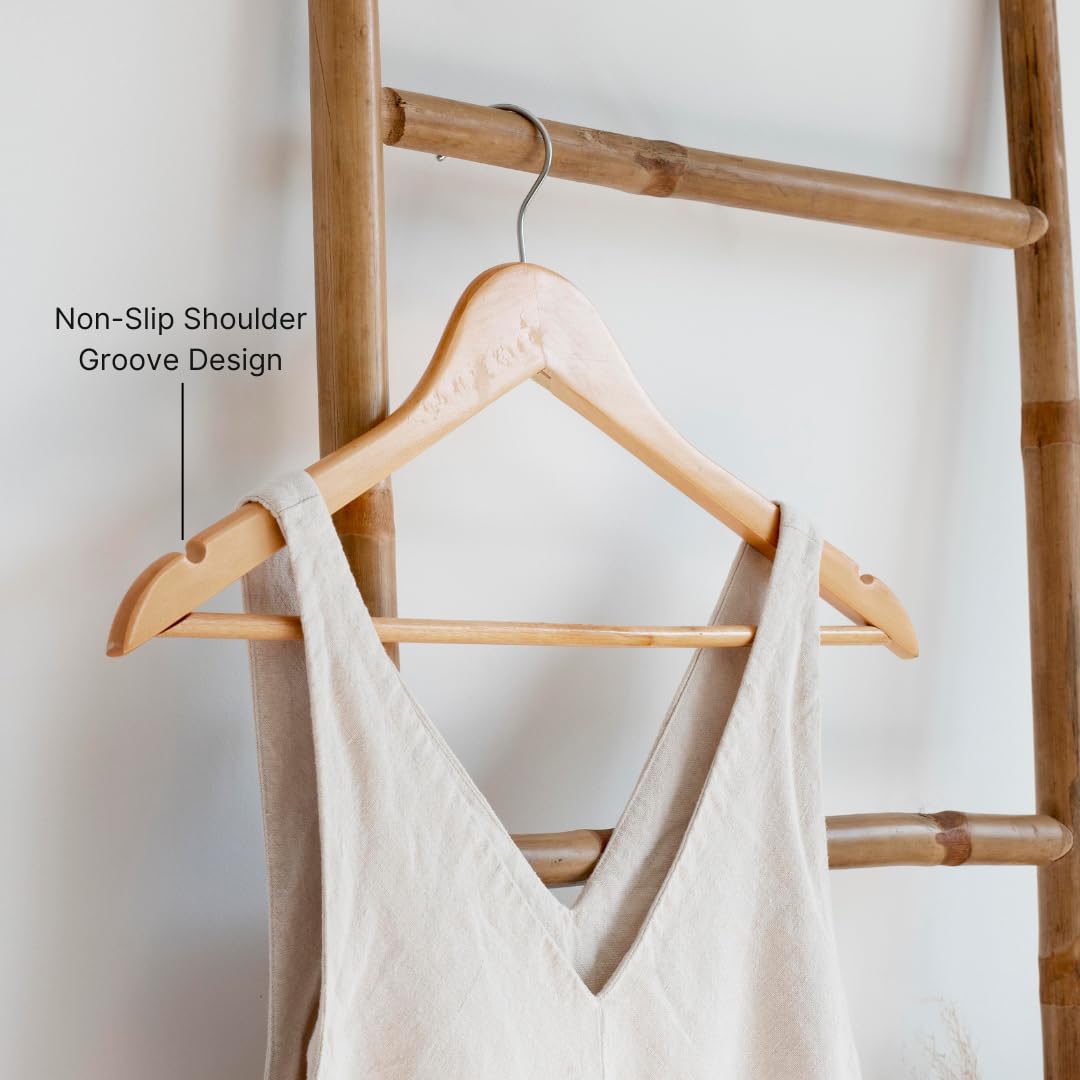 Wooden hanger set featuring a non-slip shoulder groove design to keep clothes in place.