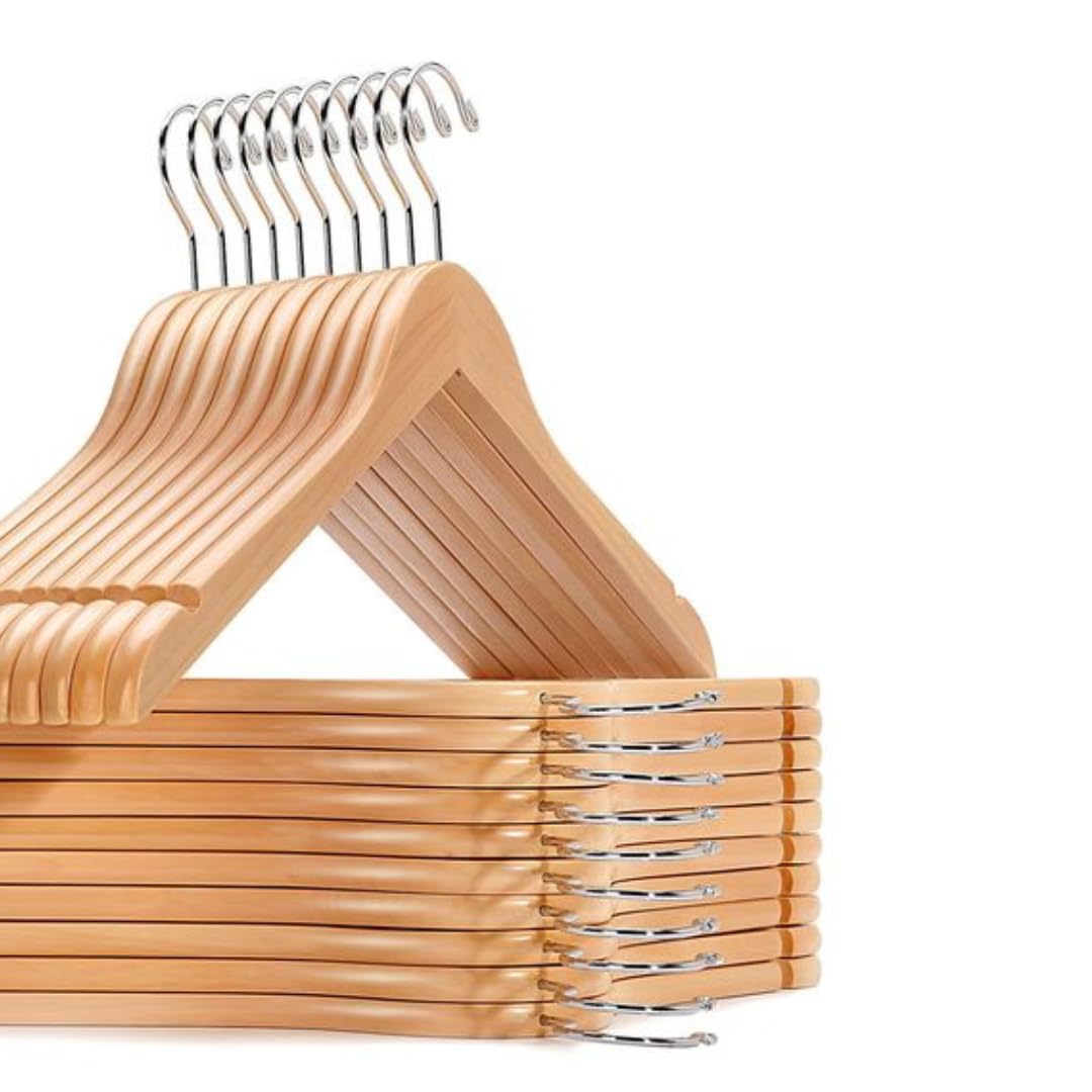 A set of smooth, finished wooden hangers with shiny chrome hooks. This Wooden Hanger Set is perfect for keeping clothes organized and wrinkle-free.