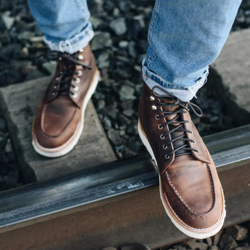 Sundown Trail Tobacco Moc Toe Boots, Comfortable Fit, Handcrafted Detailing, Goodyear Welted, Handcrafted Detailing, Slip-Resistant Sole, Vintage Aesthetic