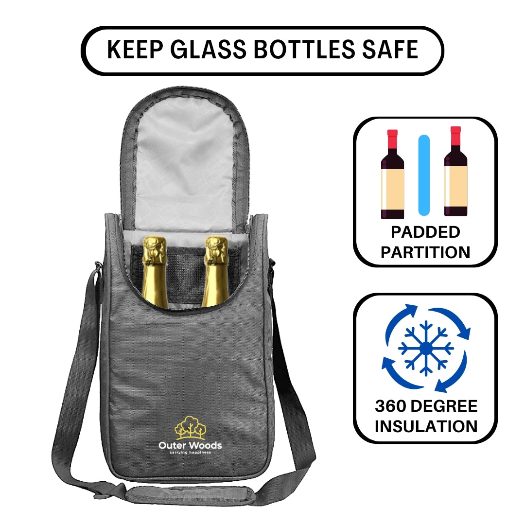 Outer Woods Nylon Insulated 2 Bottle Bag|360Â° Insulation And Portable Padded Protection For Glass Bottles|Ideal For Carrying Wine,Beer,Whisky,Vodka,Soda,Juice,Milk And Water