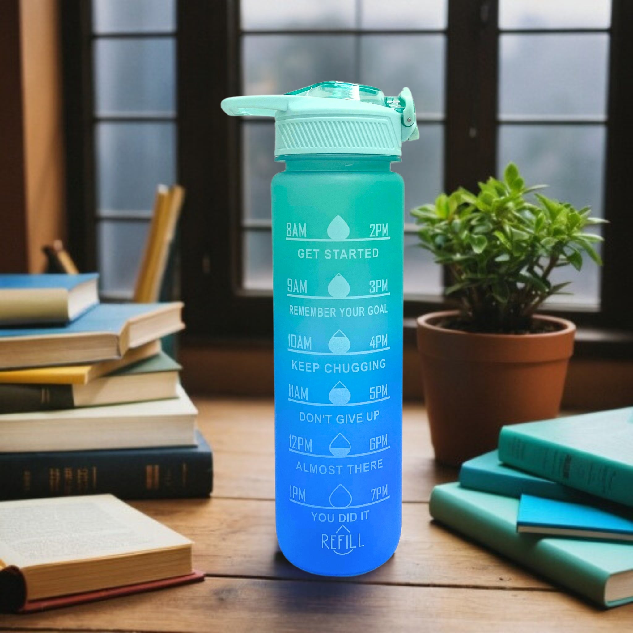 SuperGeneriX Motivational Water Bottle 1 Litre, Durable BPA-Free Leakproof Bottle with Time Marker for Office, Gym, Outdoor, Fitness, Hydration Goals, and Ideal for Gifting (Matt Green)