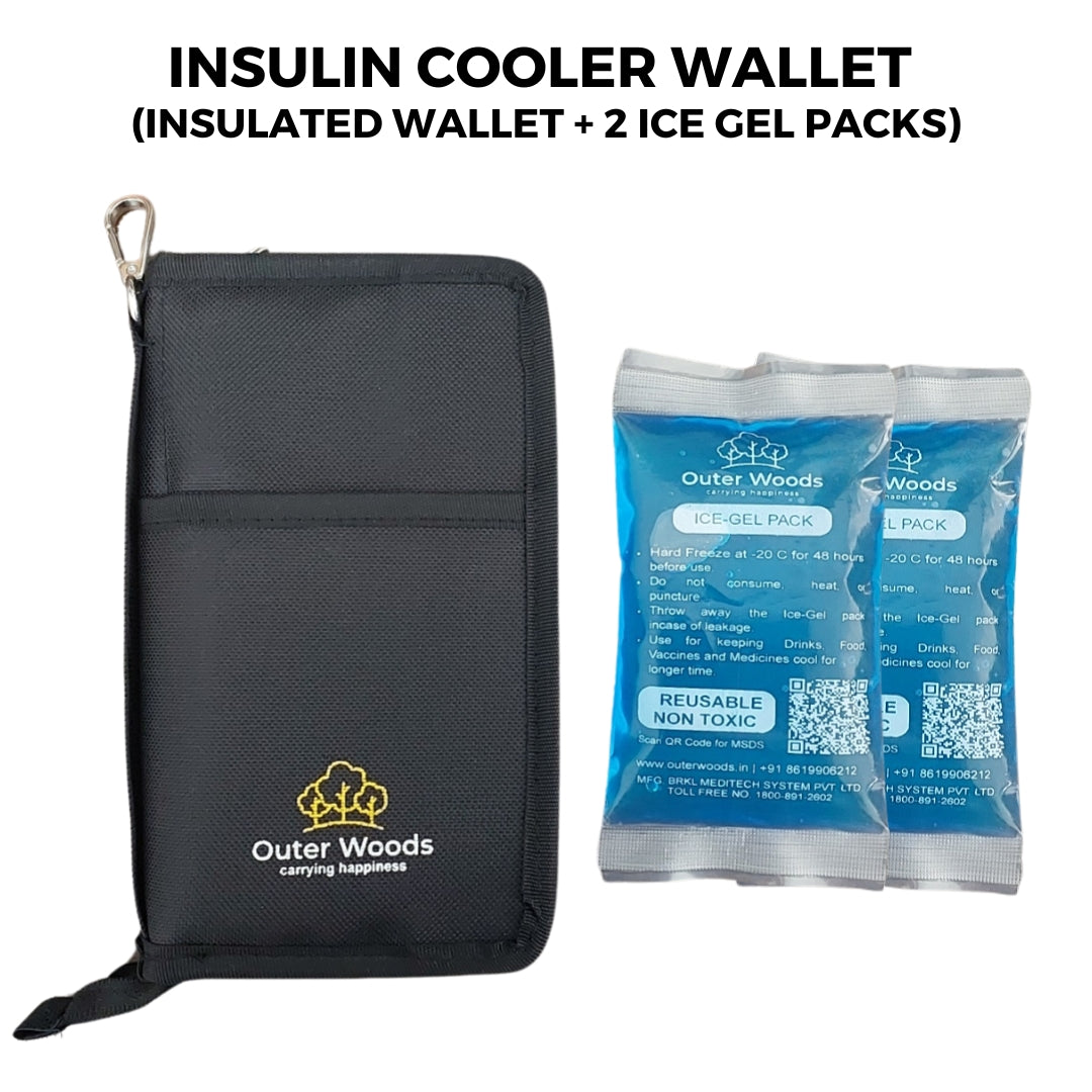 Outer Woods Nylon Insulin Cooling Wallet For Diabetics With Two Free Ice Gel Packs - Black | Insulin Travel Pouch | Insulin Cooling Case