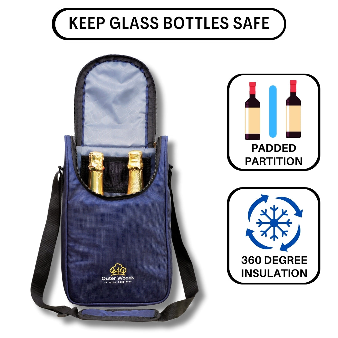 Outer Woods Nylon Insulated 2 Bottle Bag|360Â° Insulation And Portable Padded Protection For Glass Bottles|Ideal For Carrying Wine,Beer,Whisky,Vodka,Soda,Juice,Milk And Water