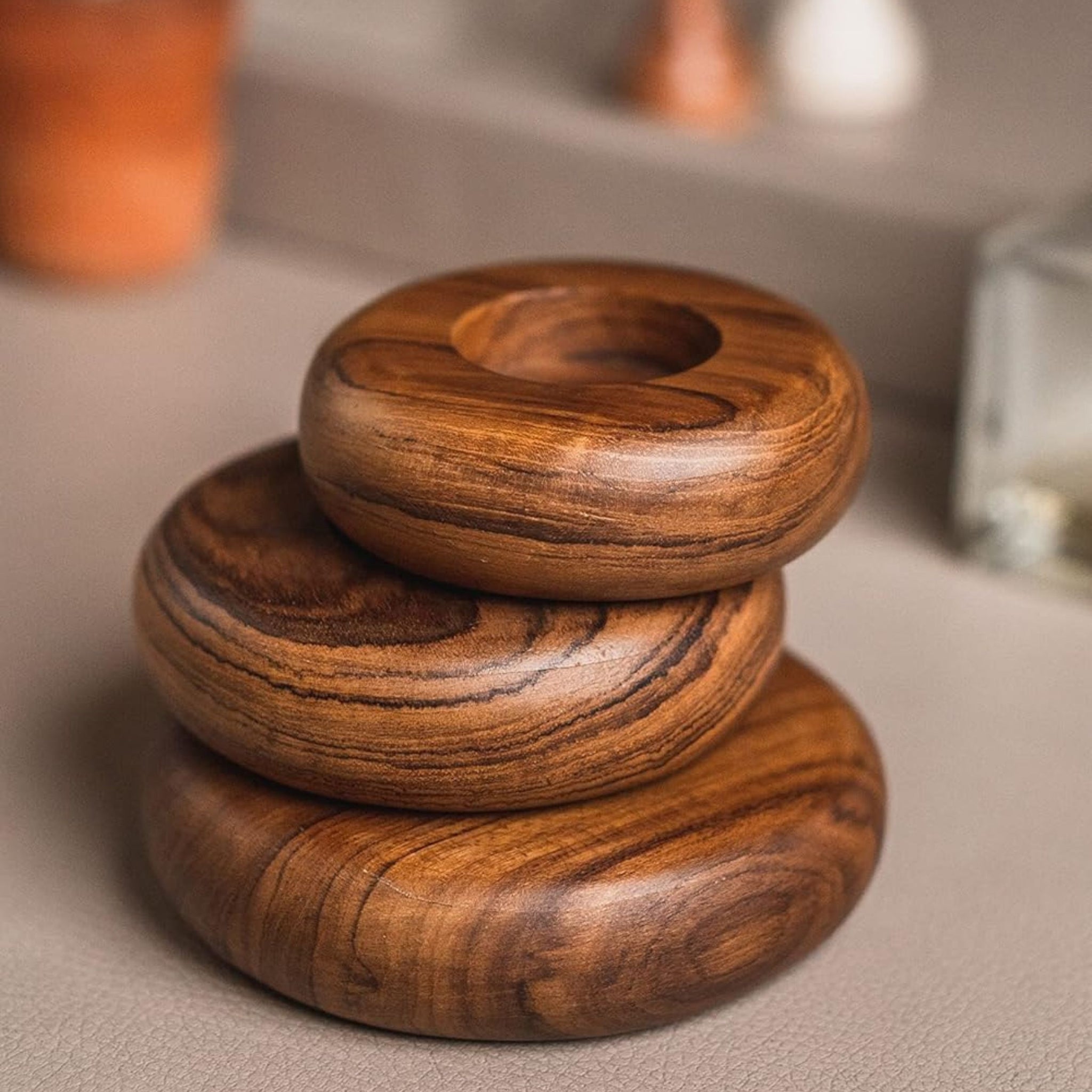 old trunk | Round Tealight Candle Stand(Set of 3) | for Home Decor | Natural Brown | Teak Wood