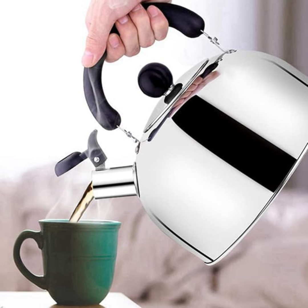 Stainless Steel Whistling Tea Kettle for Camping & Indoor Use | Fast Boiling Water Kettle with Heat-Resistant Ergonomic Handle | 2.1 Quart (2L) Capacity - Silver