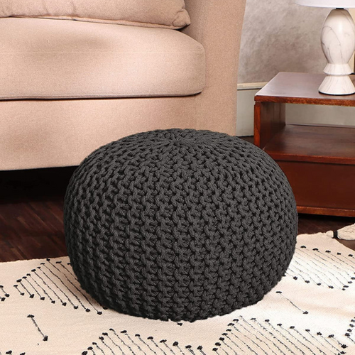 bellolin Hand-Knitted Round Boho Pouf | Cable Knitted Cord Boho Pouffe | Stuffed Pouf Accent Beanbag Chair | Footrest For Living Room, Bedroom, Nursery, Covered Patio, Study Nook, Gray