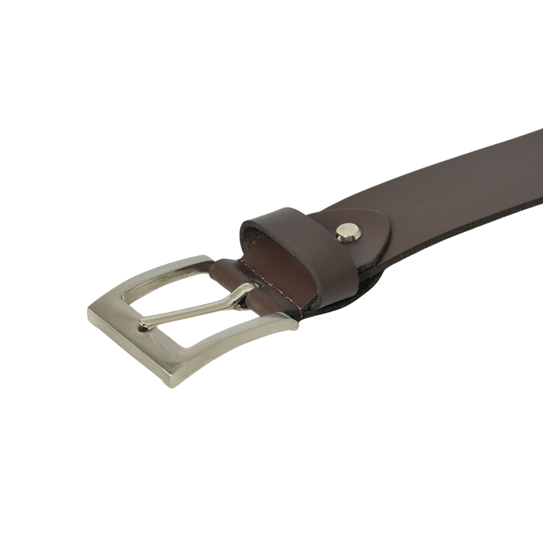 Brown men's genuine leather belt with a classic silver buckle, perfect for everyday casual wear.