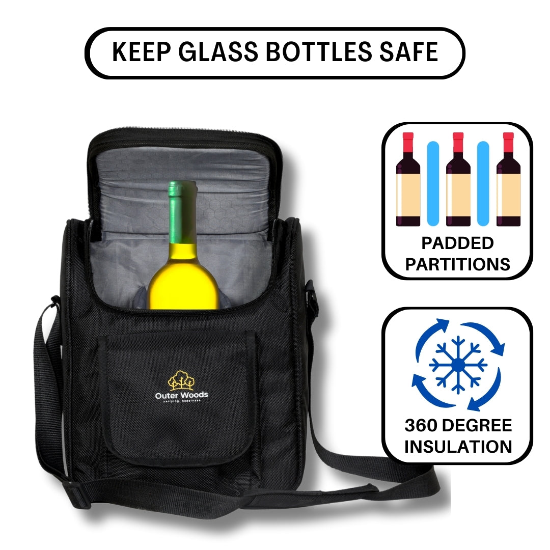 Outer Woods Nylon Insulated 3 Bottle Wine Cooler Bag 360 Degree Padded Protection For Glass Bottles Adjustable Slots, Snacks Pockets Ideal For Travel, Picnic, Party, Outing, Camping, Gifting