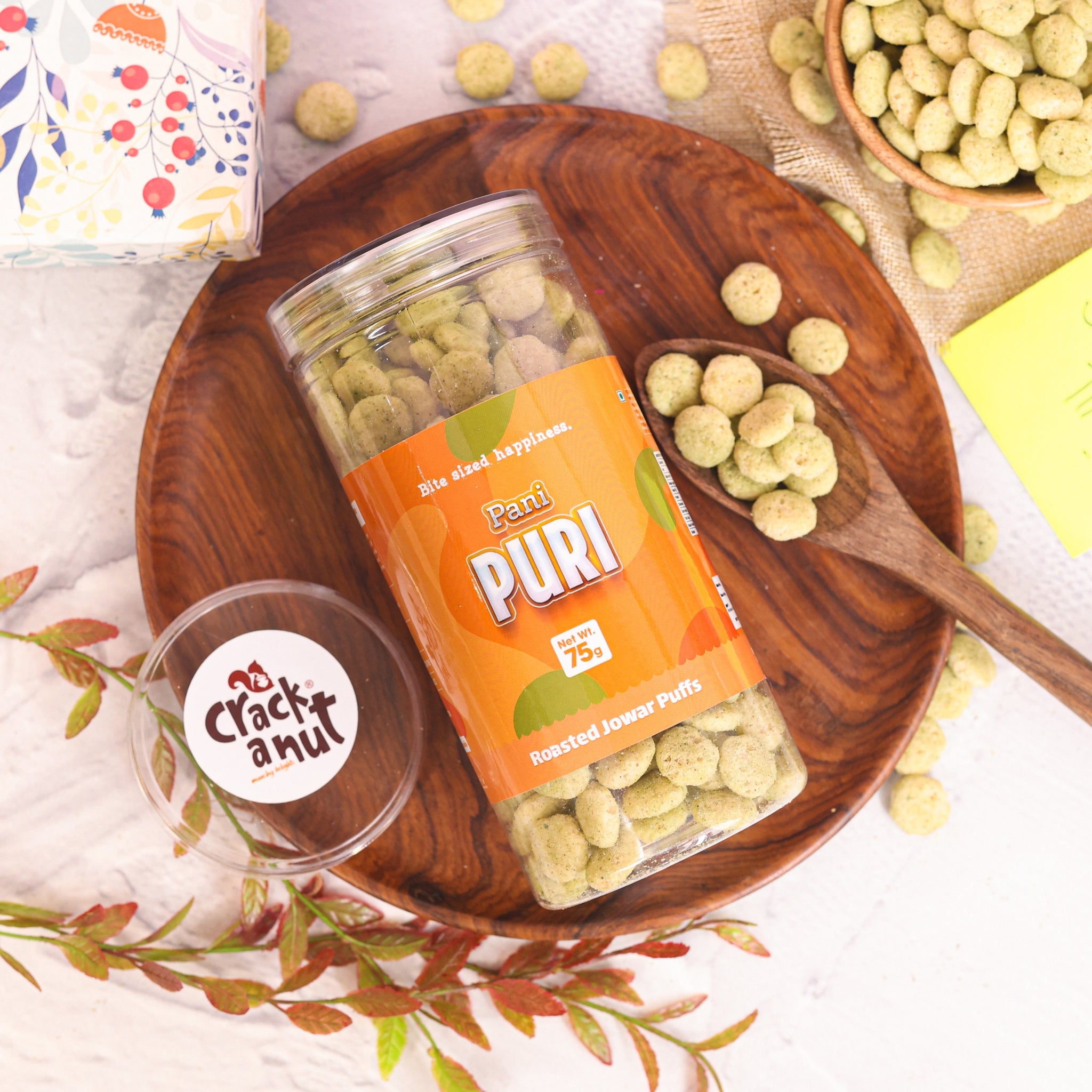 Crack A Nut's Pani Puri Jowar Puffs, Healthy Snacks, Source of Protein & Low Sugar, Baked Wholesome Jowar Crisps, Perfect for Cravings & Guilt-Free Snacking, 100g