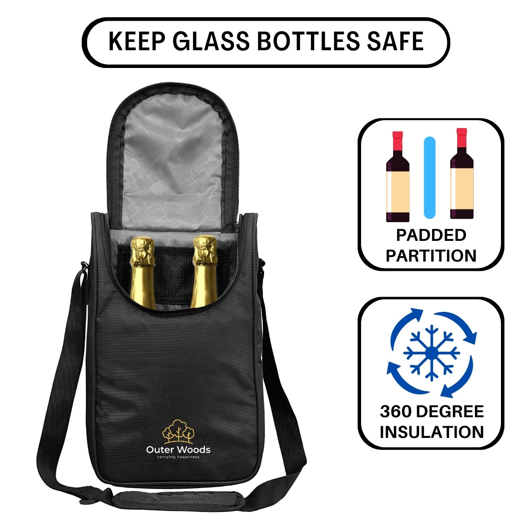 Outer Woods Nylon Insulated 2 Bottle Bag|360Â° Insulation And Portable Padded Protection For Glass Bottles|Ideal For Carrying Wine,Beer,Whisky,Vodka,Soda,Juice,Milk And Water