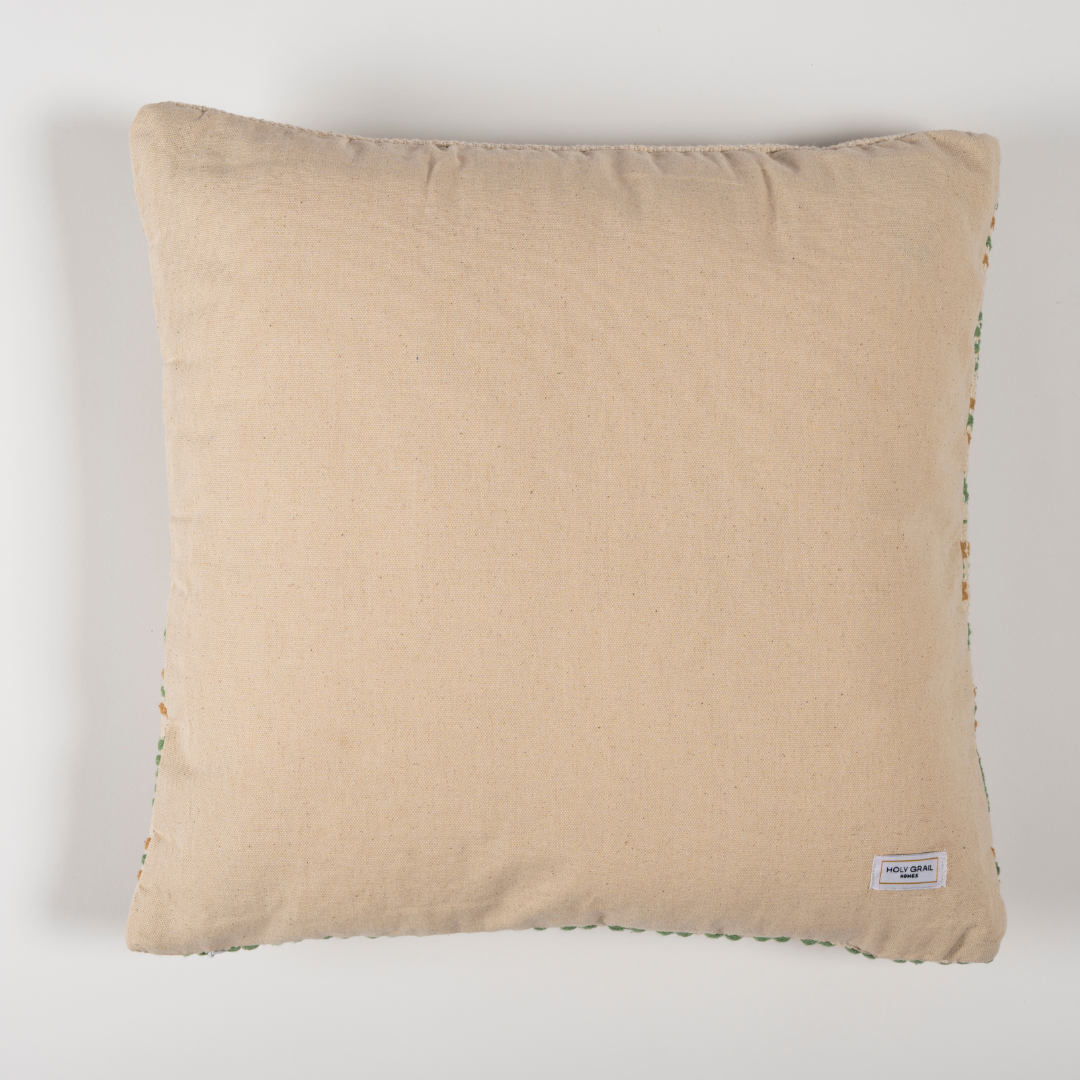 Spring Fling cotton cushion cover, 18x18 inches, with zipper closure. Back view showcasing soft, natural fabric.