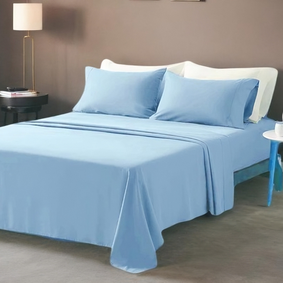 Soft, breathable, light blue Egyptian cotton bedsheet set in a king size, complete with two pillowcases.