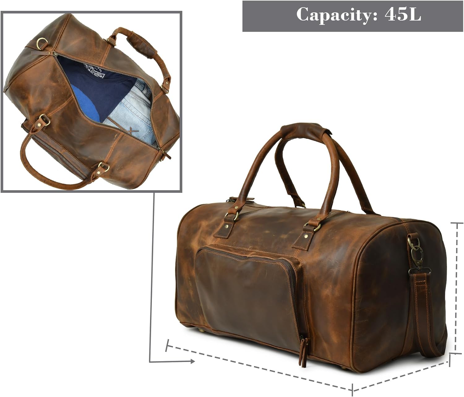 Stylish brown leather weekender duffel bag open to show spacious interior and multiple pockets.