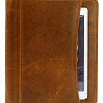 Brown leather padfolio closed, showcasing the premium leather and exterior tablet pocket.