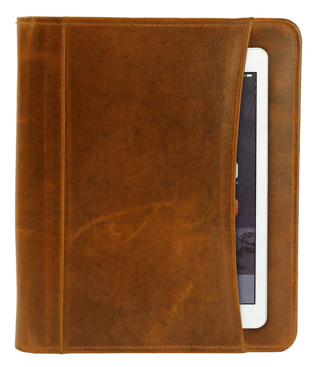 Brown leather padfolio closed, showcasing the premium leather and exterior tablet pocket.