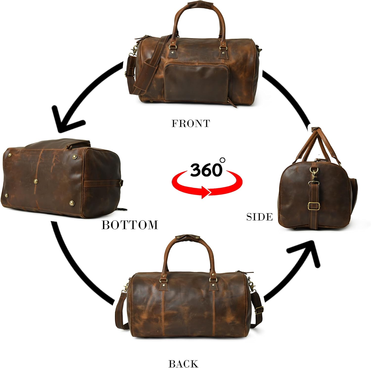 Stylish brown leather weekender duffel bag shown from multiple angles, highlighting its spacious design and multiple pockets.