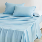 Soft, breathable Egyptian cotton bedsheet set in blue. This king size set includes two pillowcases and a 300 thread count sheet.