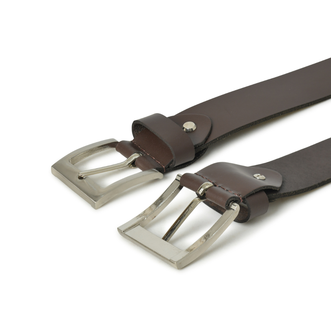 Men's brown genuine leather belt with classic silver buckle, perfect for casual everyday wear.