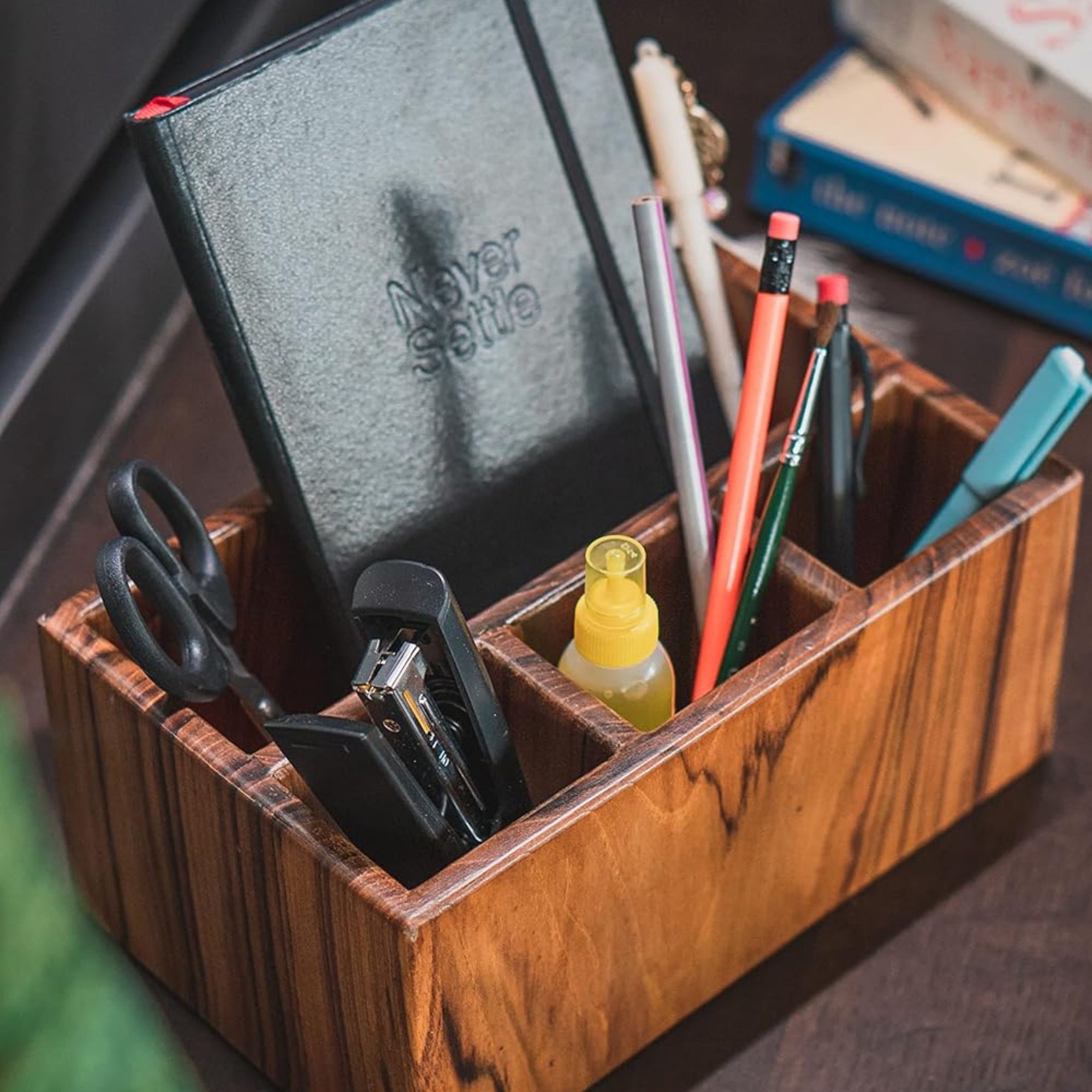 old trunk | Handcrafted Teak Wood Spoon Stand (3+1 Compartment) | Multi-Purpose Organiser | Cutlery Holder For Kitchen and Dining Table