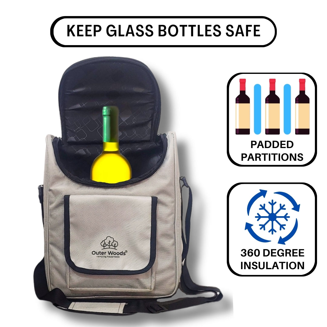 Outer Woods Nylon Insulated 3 Bottle Wine Cooler Bag 360 Degree Padded Protection For Glass Bottles Adjustable Slots, Snacks Pockets Ideal For Travel, Picnic, Party, Outing, Camping, Gifting