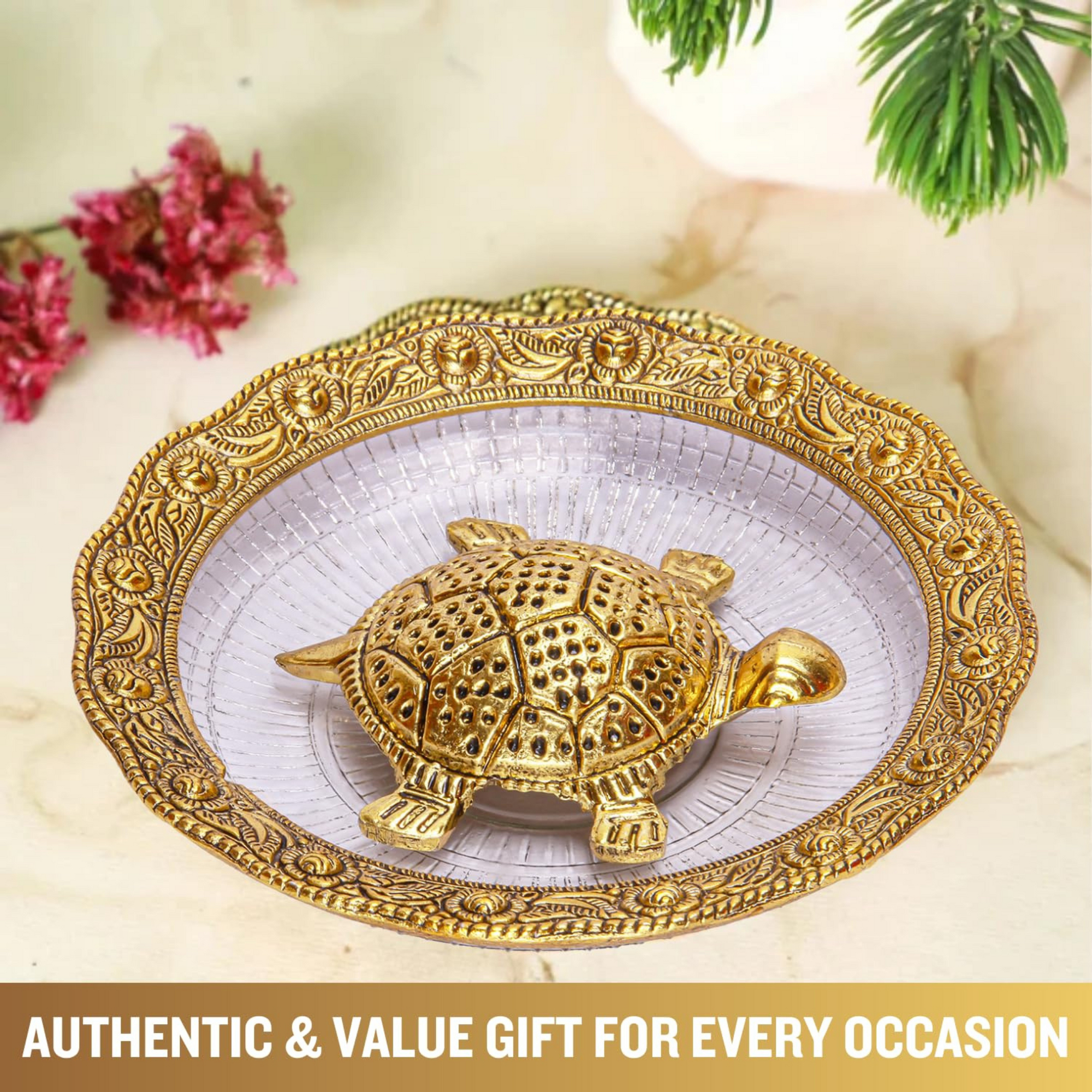 Golden Feng Shui Tortoise with Handcrafted Metal Design | Good Luck & Prosperity Showpiece for Home & Office Decor - 5.5-Inch