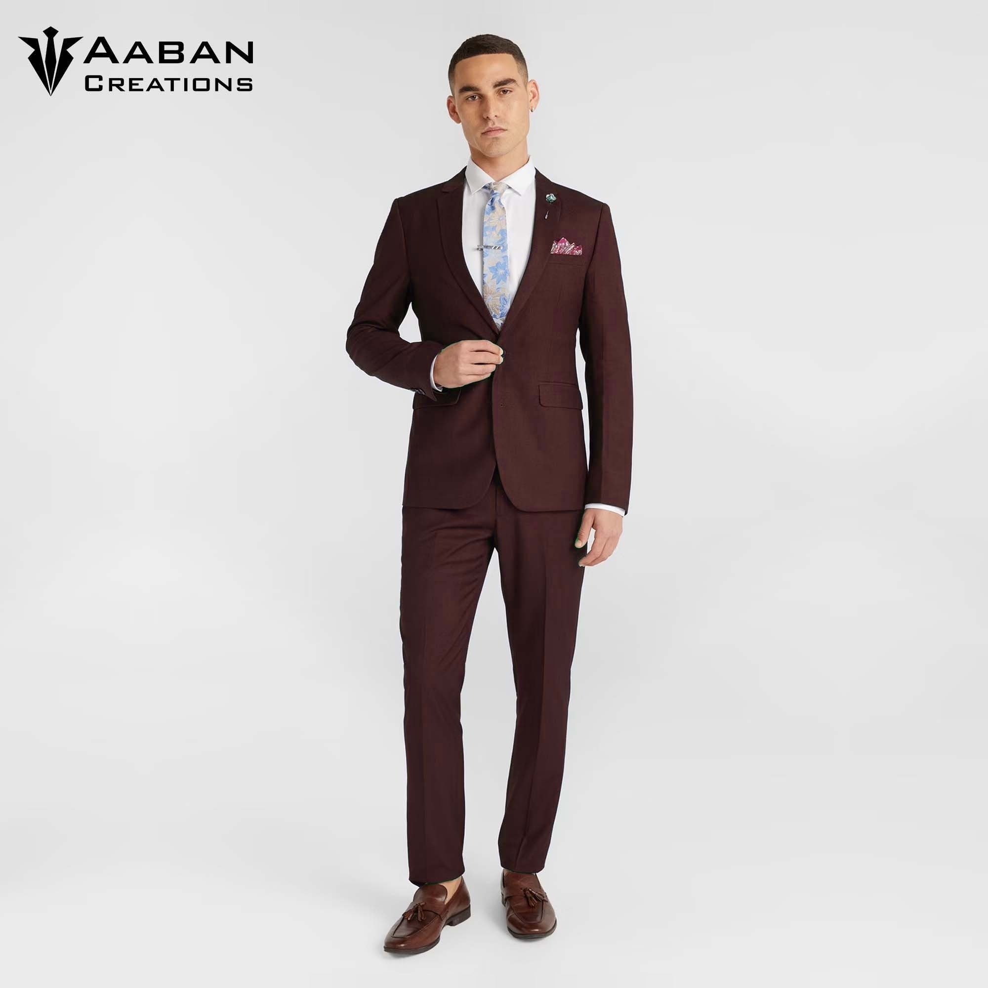 A model wearing a stylish, slim-fit, crater brown men's 2-piece business suit suitable for formal wear, meetings, and special occasions.