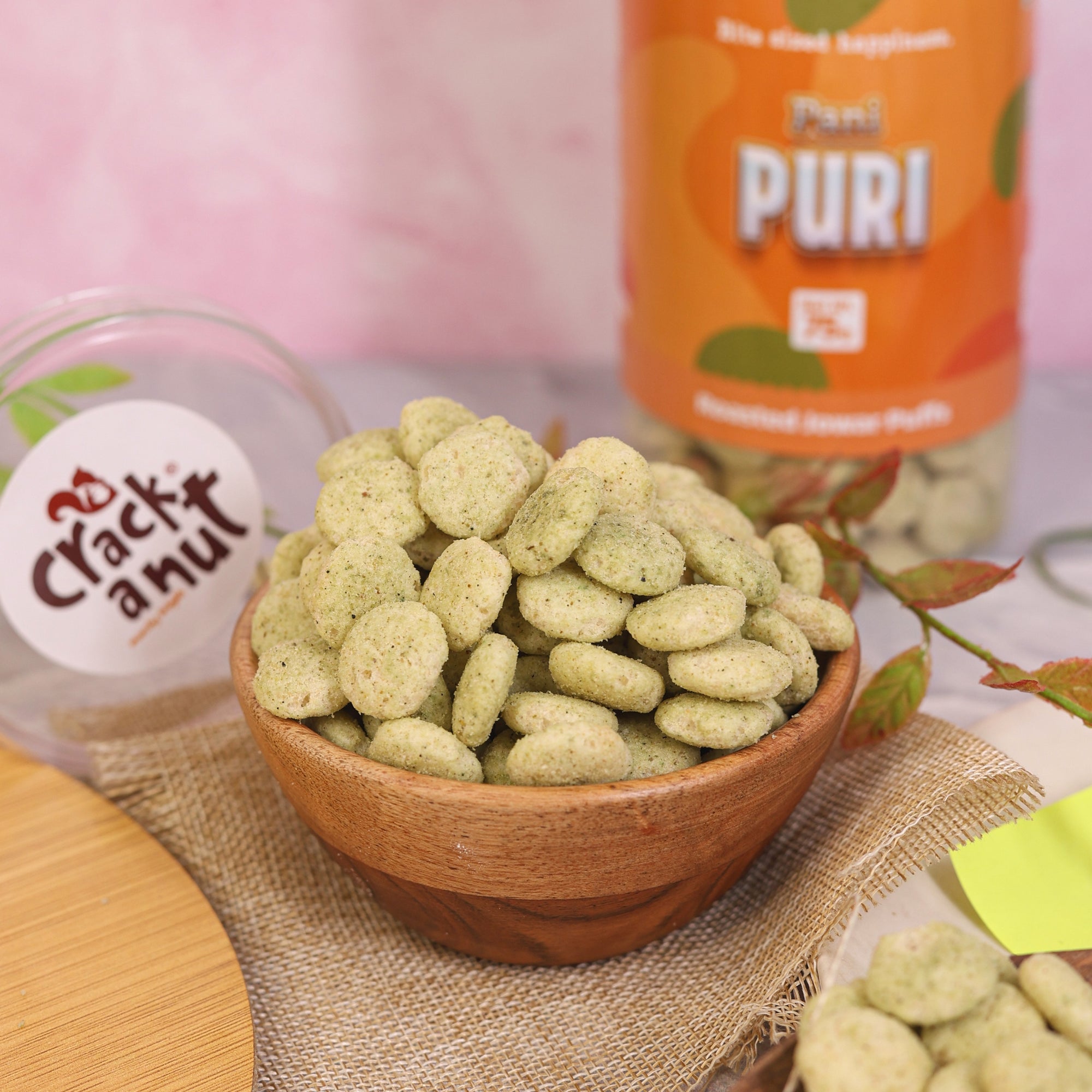 Crack A Nut's Pani Puri Jowar Puffs, Healthy Snacks, Source of Protein & Low Sugar, Baked Wholesome Jowar Crisps, Perfect for Cravings & Guilt-Free Snacking, 100g