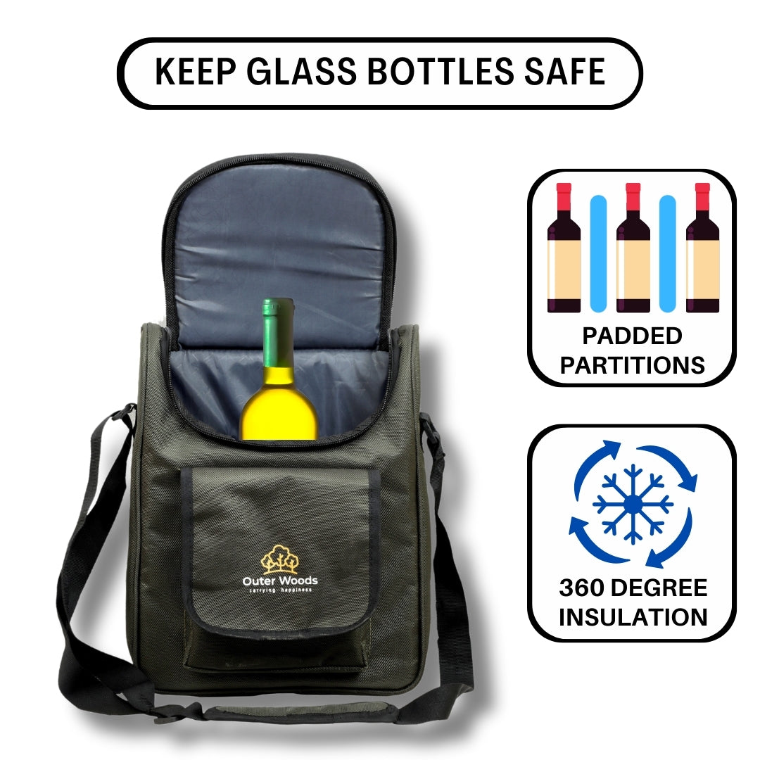 Outer Woods Nylon Insulated 3 Bottle Wine Cooler Bag 360 Degree Padded Protection For Glass Bottles Adjustable Slots, Snacks Pockets Ideal For Travel, Picnic, Party, Outing, Camping, Gifting