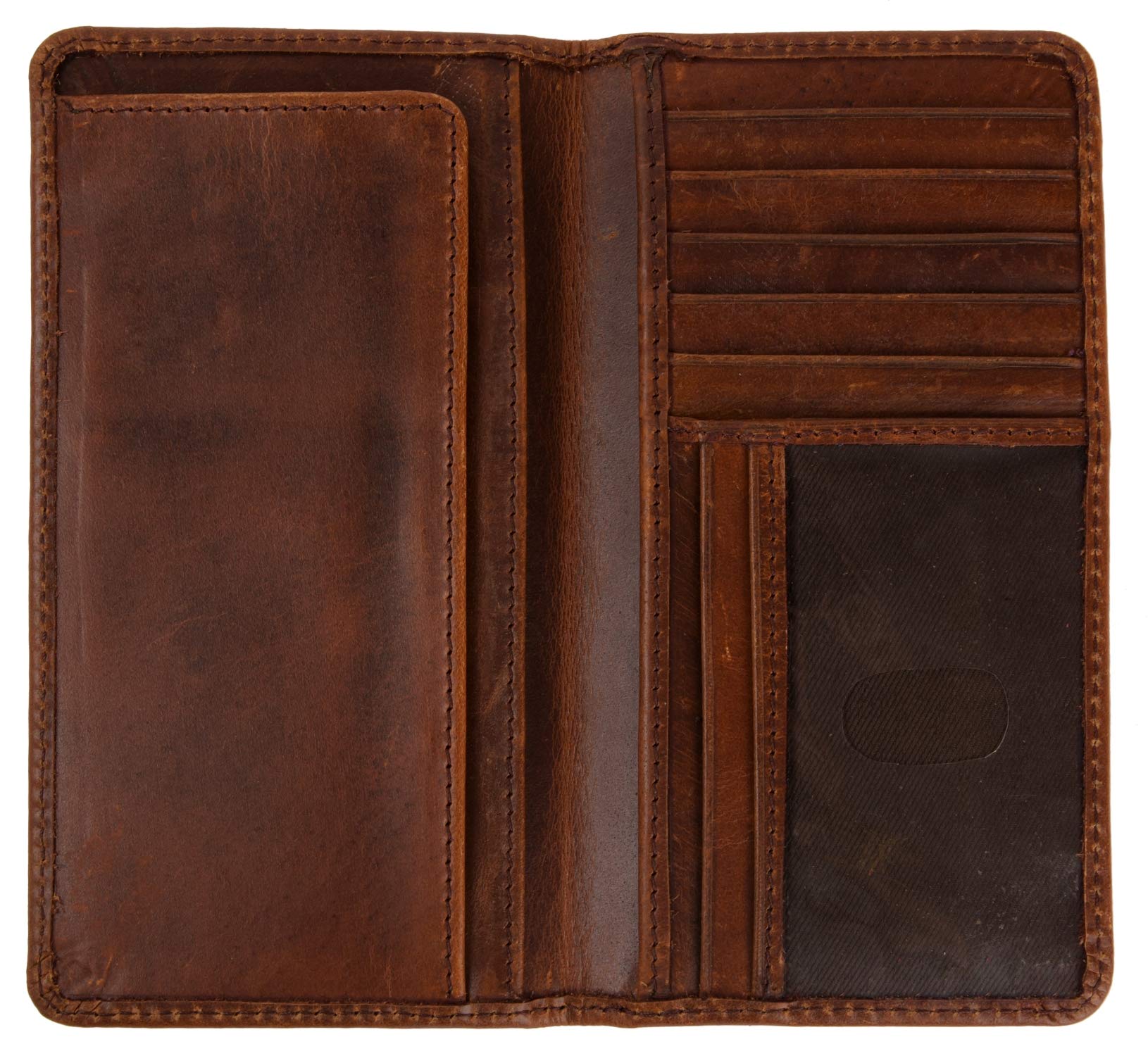 Open full grain leather checkbook cover with multiple card slots, a clear ID window, and an embossed American flag design (not shown).