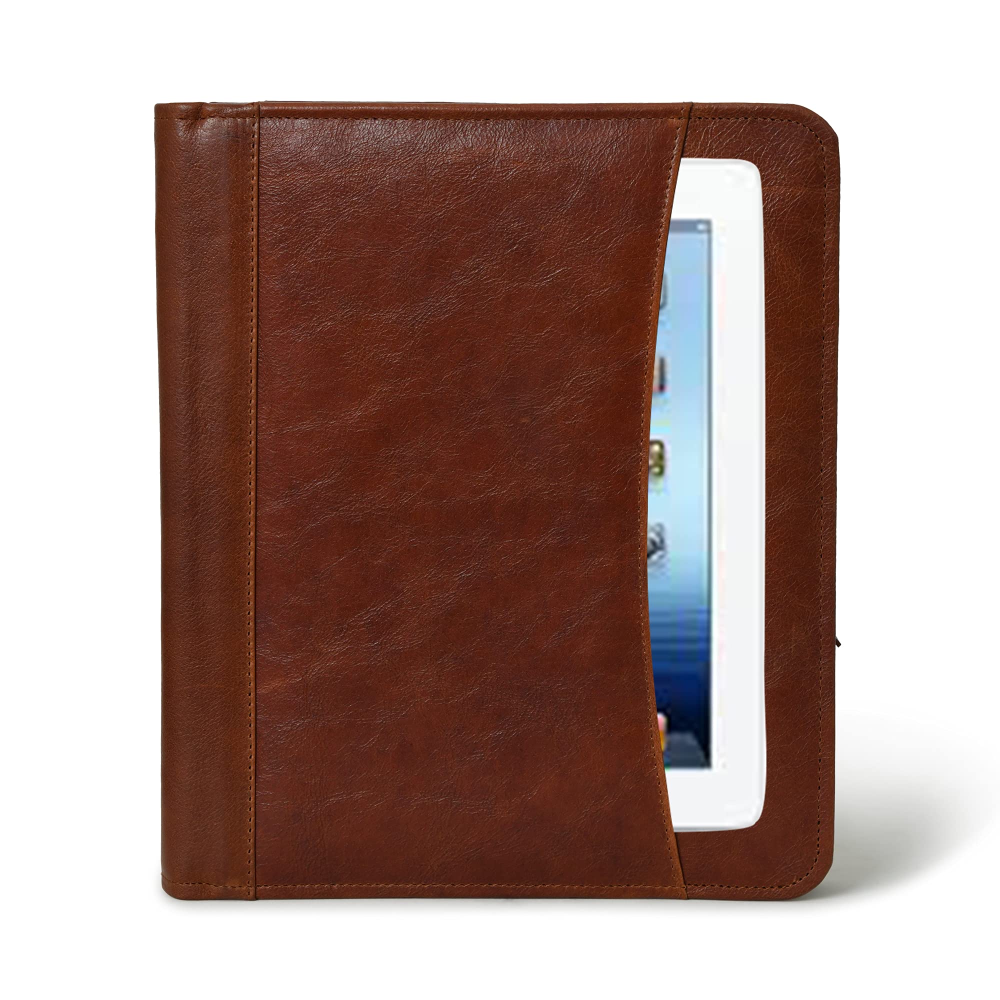 Brown leather padfolio with tablet sleeve, perfect for professionals seeking stylish organization with card and pen holders.