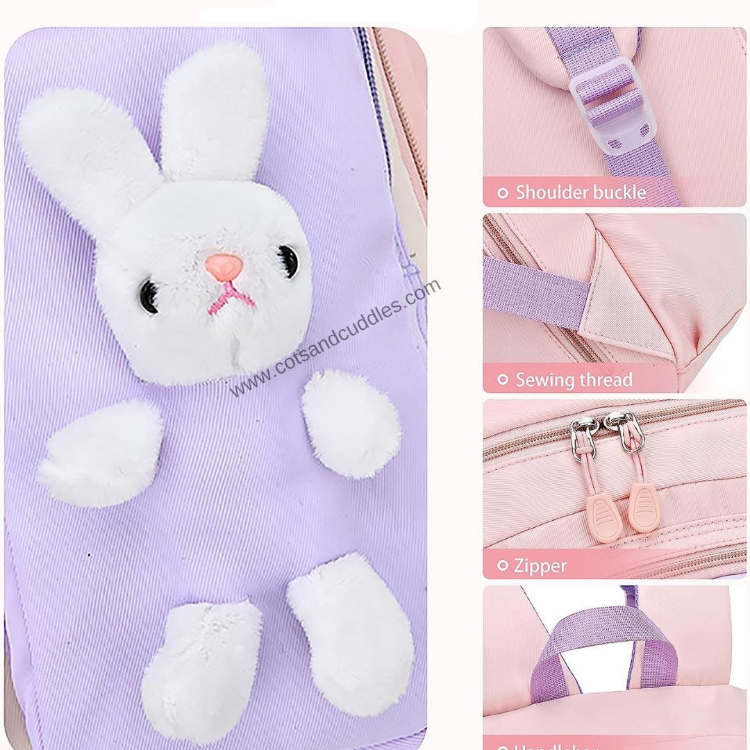 Cute Bunny Soft Toy Backpack for Small Primary School Kids with Multiple Zip Pockets and Anti-Theft Pocket