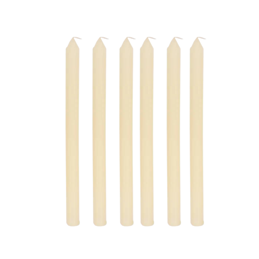 Set of six tall, unscented Nordic candles in a classic ivory color. Smoke-free and perfect for elegant ambiance.